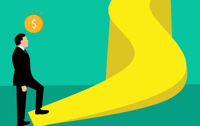 Ilustração mostra homem de terno seguindo trilha em direção a uma moeda