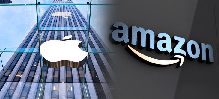 Fachada da apple e logo da Amazon