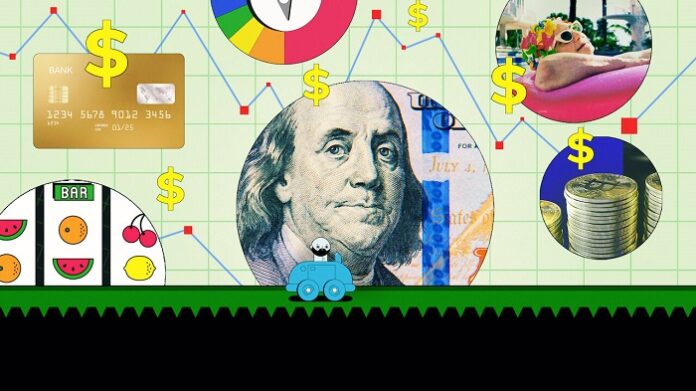 Montagem com vários desenhos de dinheiro, cartão, dólar, criptomoedas
