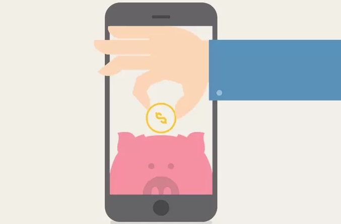 Ilustração de um celular com mão colocando dinheiro em cofrinho