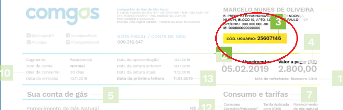 Ilustração mostra o boleto da Comgás destacando o código de usuário