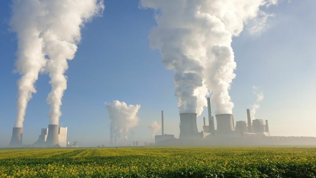 Vista panorâmica de uma fábrica gastando créditos de carbono, ao emitir fumaça pelas chaminés