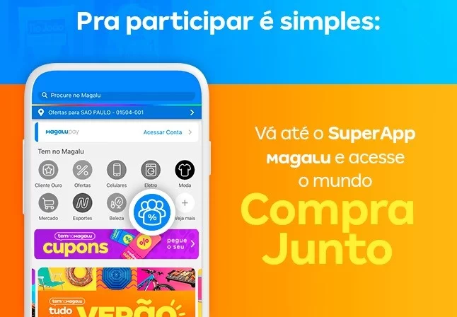 Banner do Compra Junto Magalu mostra um celular aberto na tela inicial do app e um ícone azul de várias pessoas em destaque