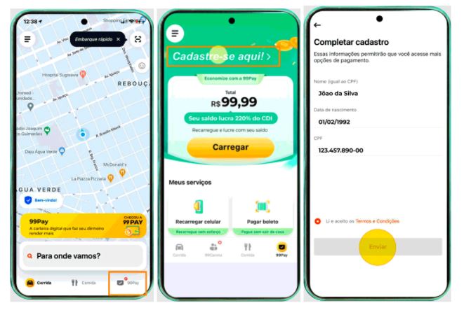 Três telas de celular abertas no app 99Pay