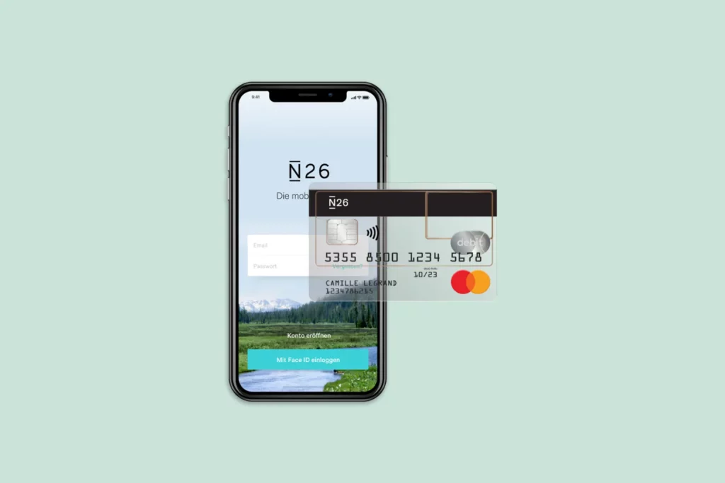 Ilustração mostra celular aberto na conta digital N26 e um cartão do banco ao lado
