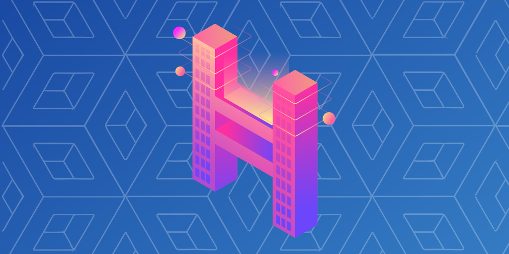 Ilustração do logo da criptomoeda Hedera (uma letra "h" em rosa sobre um fundo azul)