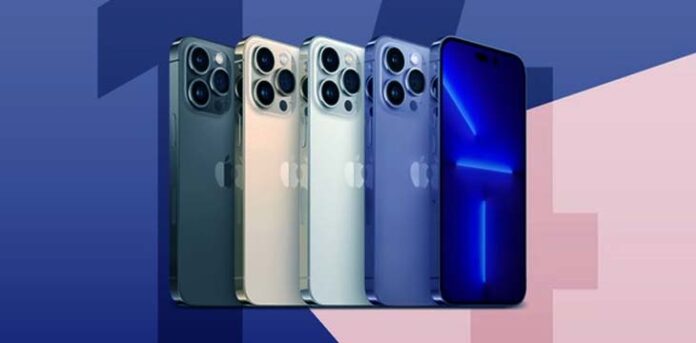 Cinco modelos de iPhone 14 enfileirados