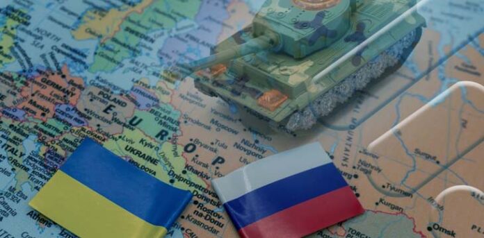 mapa com a bandeira da Ucrânia e da Rússia