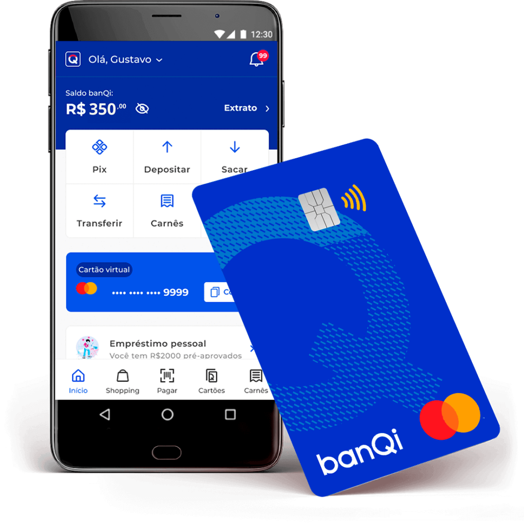 Celular aberto no aplicativo da conta digital banQi e um cartão banQi apoiado ao lado