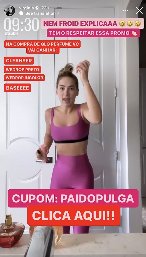 Print dos stories da influenciadora Virgínia anunciando um kit promocional com sua base