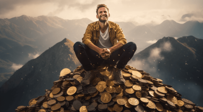 Homem em cima de uma montanha de moedas