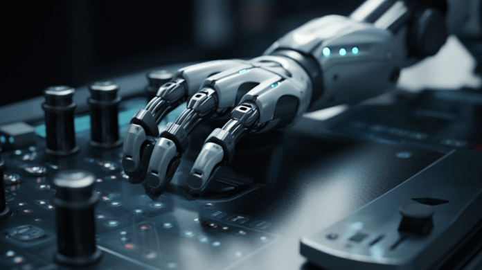 Mão de um robô trabalhando com tecnologia