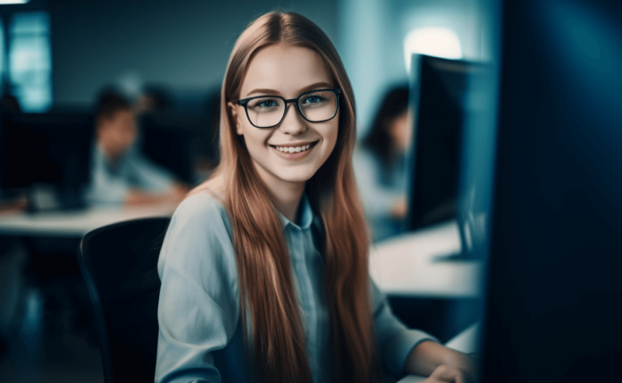 menina jovem sorrindo no computador